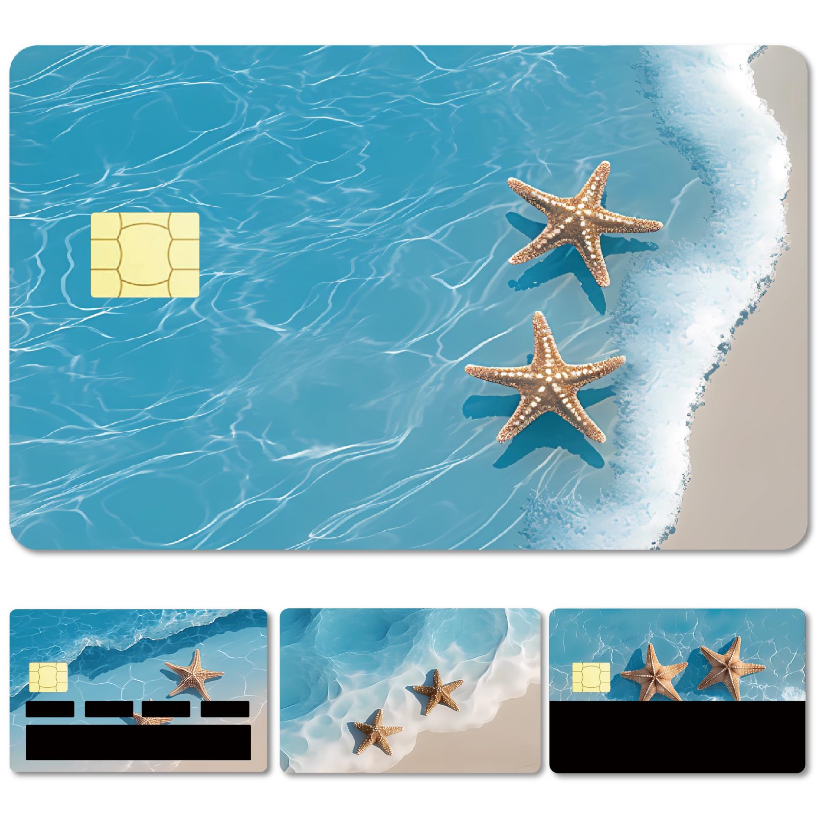 CREATCABIN 4Pcs Credit Card Skin Debit Card Sticker Seaside Beach Starfish Personalizing Card Decor Waterproof Removable Bank Card Protecting Sticker for Credit Card Holders 3.3x2.1in