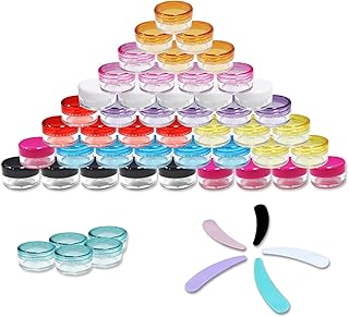 Pots with Lids 50 Pcs 5ml/5g Sample Pots,Clear Plastic Small Containers Pots,Lids in 10 Colours and 5 Spatulas,Little Pots for Cosmetics,Balms,Creams,Liquids,Moisturisers,Pastes,Pigment,Herb,Spice