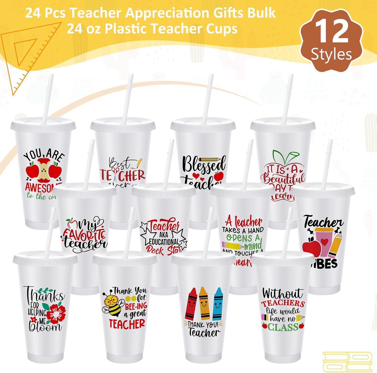 Skylety 24 Pcs Teacher Appreciation Gifts Bulk 24 oz Plastic Teacher Cups with Lids Straws Reusable Teacher Water Bottle for Women Teacher Employees Coworker Birthdays Gifts 12 Styles