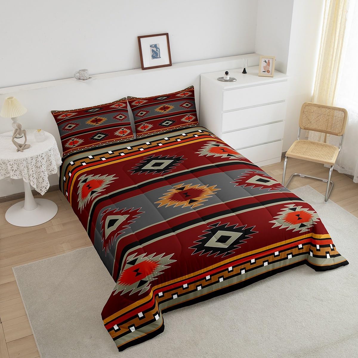 jejeloiu Boho Comforter Set Queen Size Southwest Native American Design Comforter Set Southwestern Geometric Bedding Set Modern Art Duvet Set Brown Chili Quilt Set - Image 3