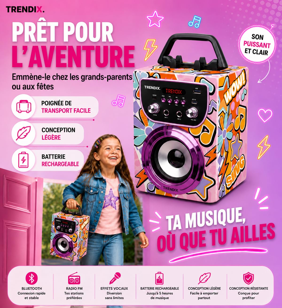 Trendix - Karaoke Enfant Magic Melody | Enceinte Karaoke 2 Micro sans Fil | Karaoké Enfant 2 Microphones | Enceinte avec Micro sans Fil | Enceinte Bluetooth Portable | Cadeau