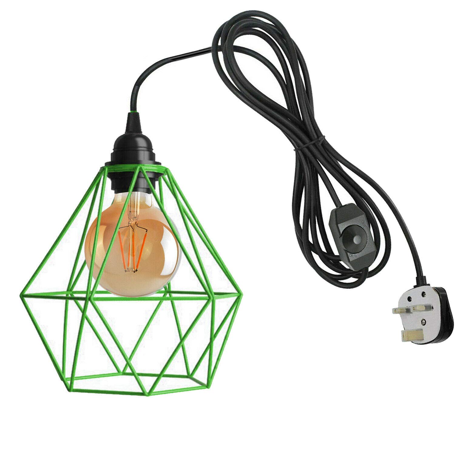 DC VOLTAGE ndustrial Plug in Pendant Light, Cage Pendant Light Fixture with On/Off Switch, E27 Socket Vintage Hanging Light, Farmhouse Pendant Lighting for Kitchen Living Room Dining Room (Green)