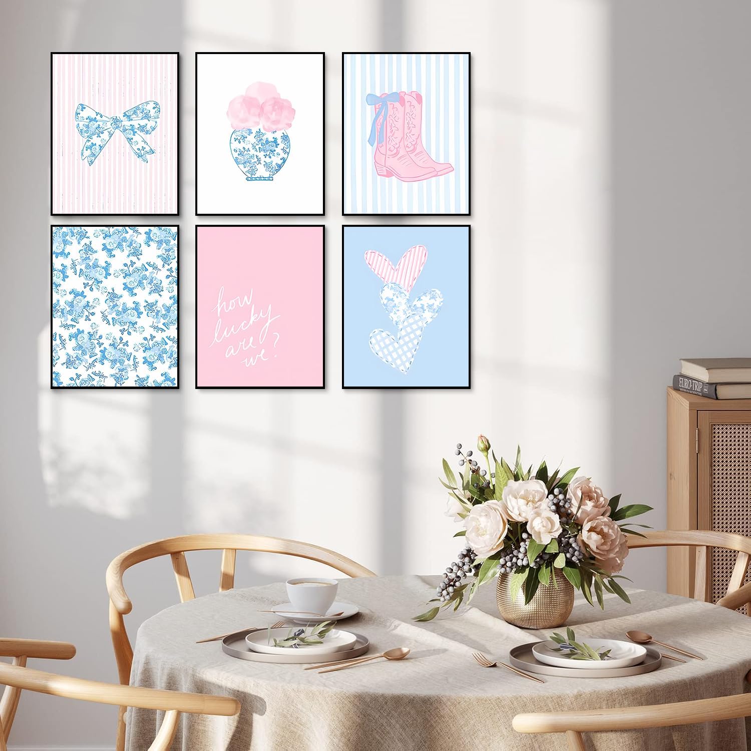 6 Pcs Blue and Pink Floral Bow Wall Art Trendy Chinoiserie Watercolor Heart Canvas Prints Posters Cowgirl Boots Aesthetic Wall Decor for Girly Room Coastal Dorm Home Decor Unframed 8x10in - Image 3