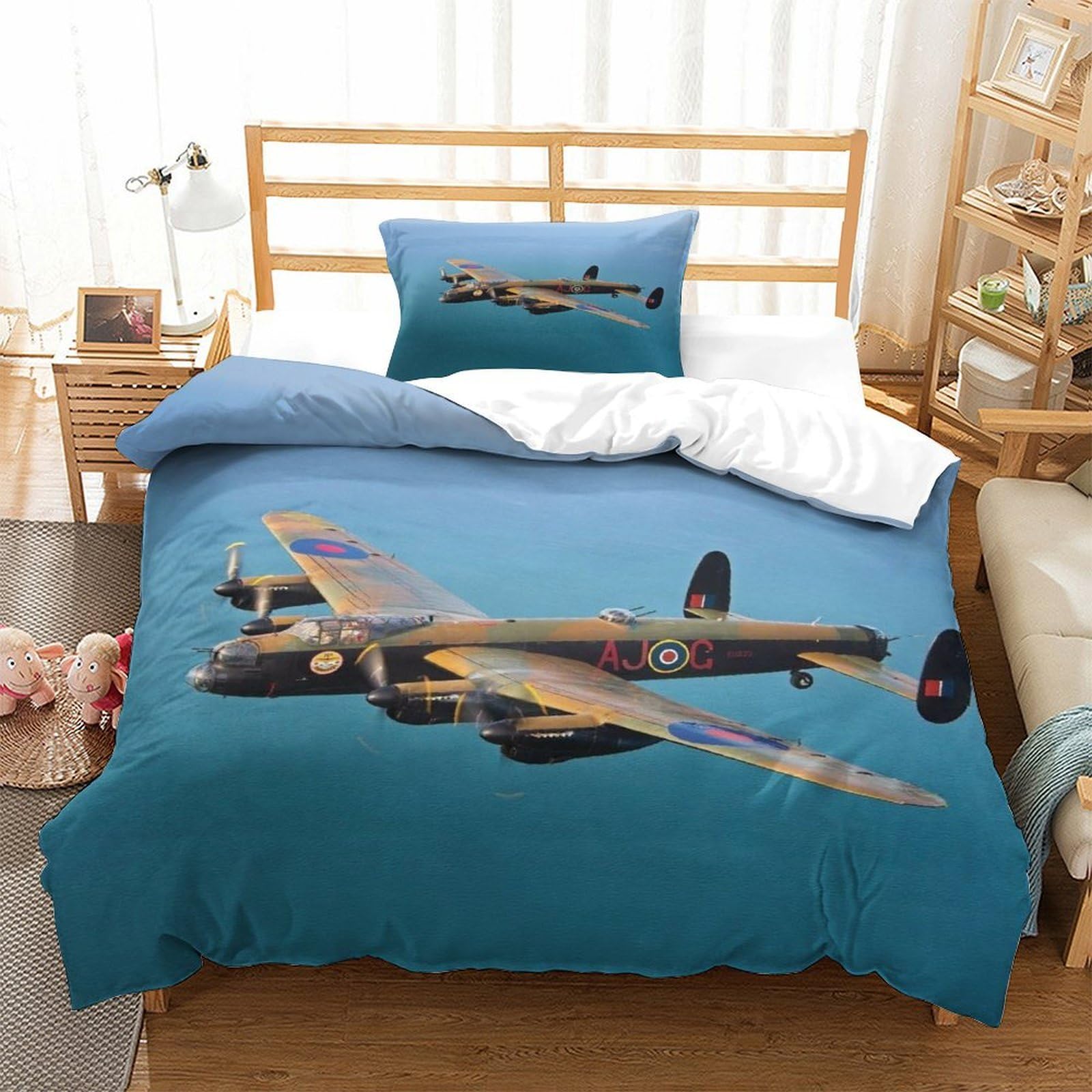 LILIlaobiao 3D Printed WW II Aircraft Duvet Cover Single（135x200cm）, Breathable Quilt Cover Set Microfiber Lancaster Bomber Pattern Bedding Set for Kids & Adults