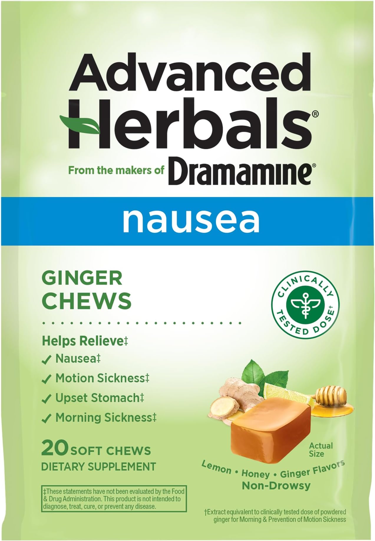 From the Makers of , Advanced Herbals, Ginger Chews, Nausea Relief Soft Chews Lemon-Honey-Ginger, 20 Count