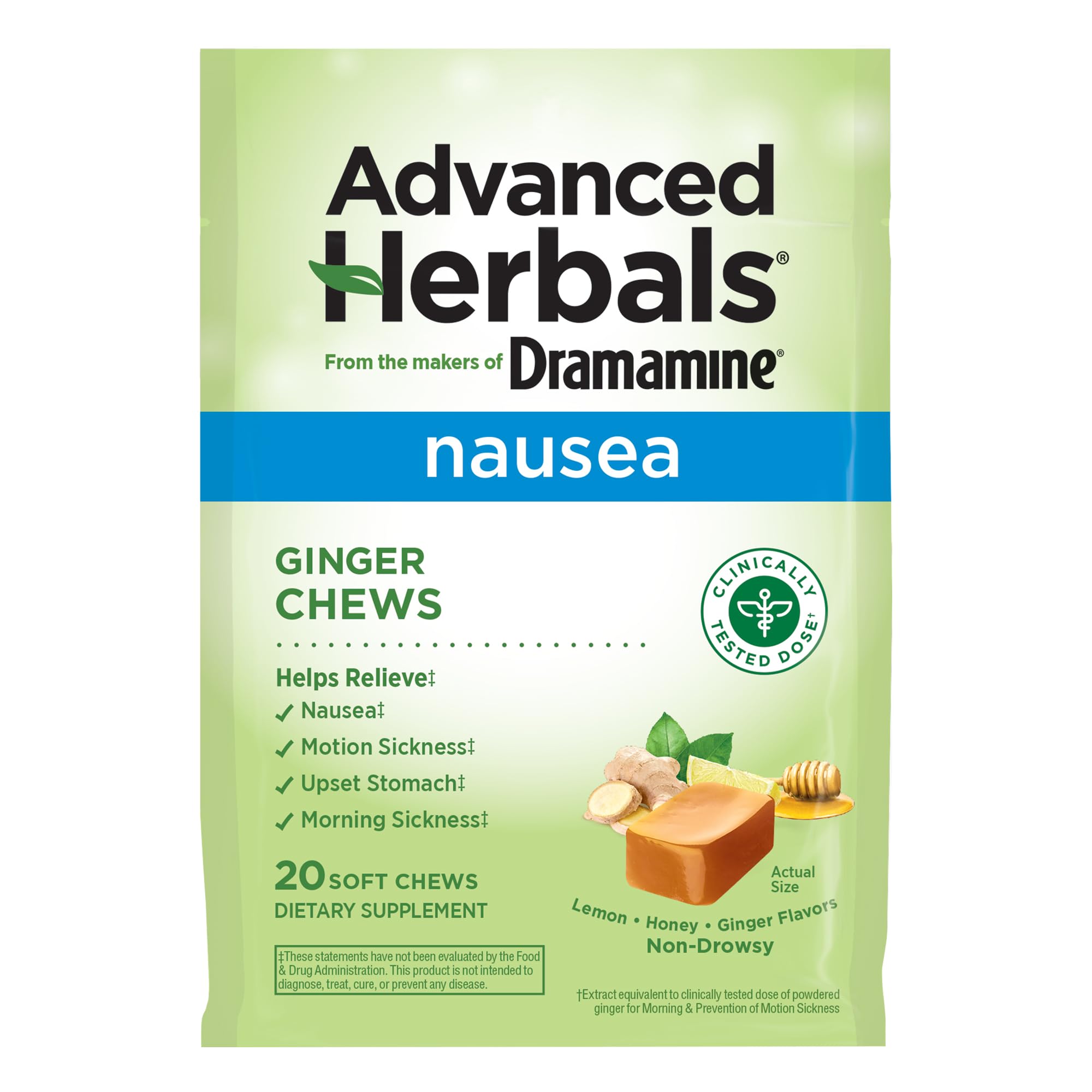 Dramamine Advanced Herbals Ginger Chews, Nausea Relief, Lemon-Honey, 20ct