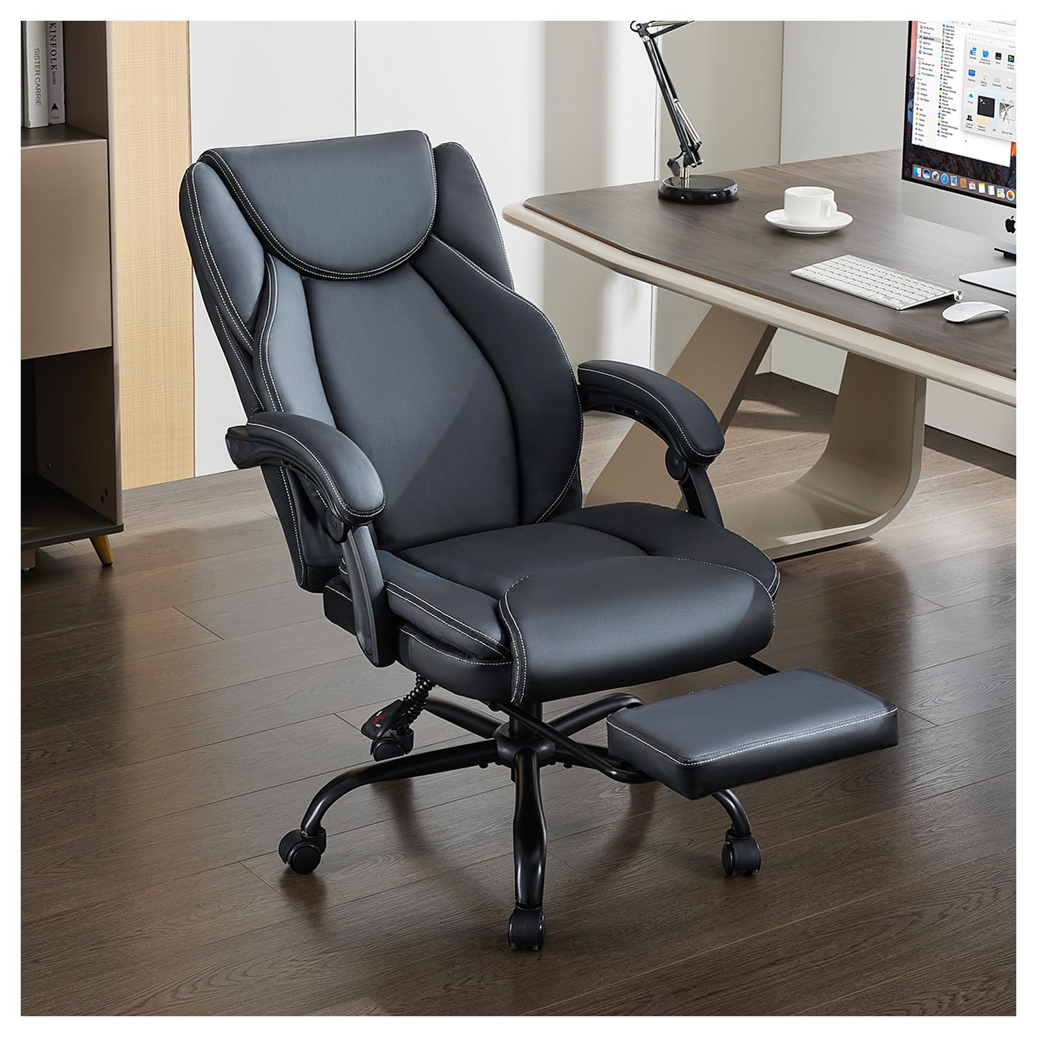 400lbs big and tall office chair, ergonomic home computer desk leather chair with padded flip-up arms, adjustable tilt lock, double lumbar support, swivel chair for adult working&study(gray)