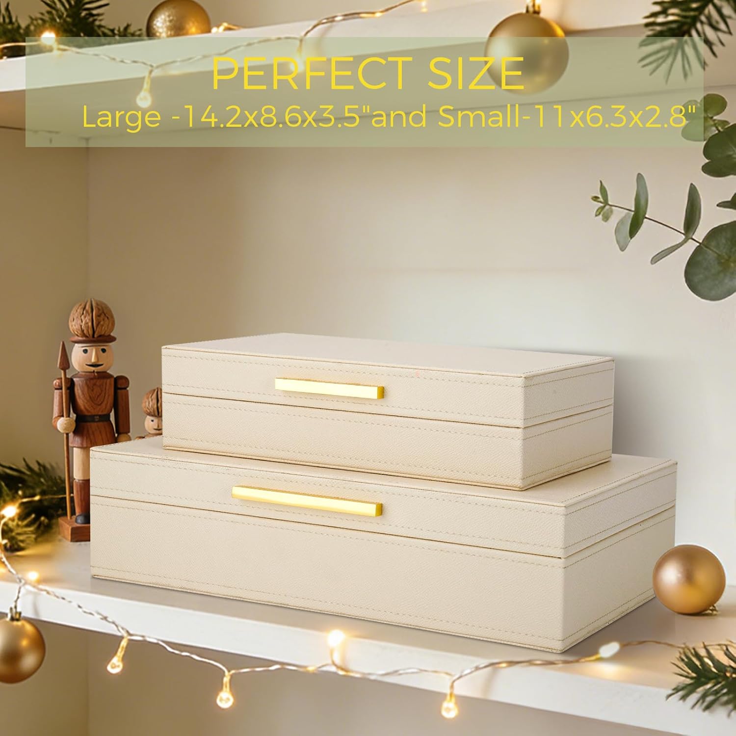 Decorative Storage Boxes with Lids, Set of 2 PU Leather Memory Box for Keepsakes, Beautiful Large Decorative Box for Home Decor – Safely Store Jewelry, Documents & Photos (Beige)