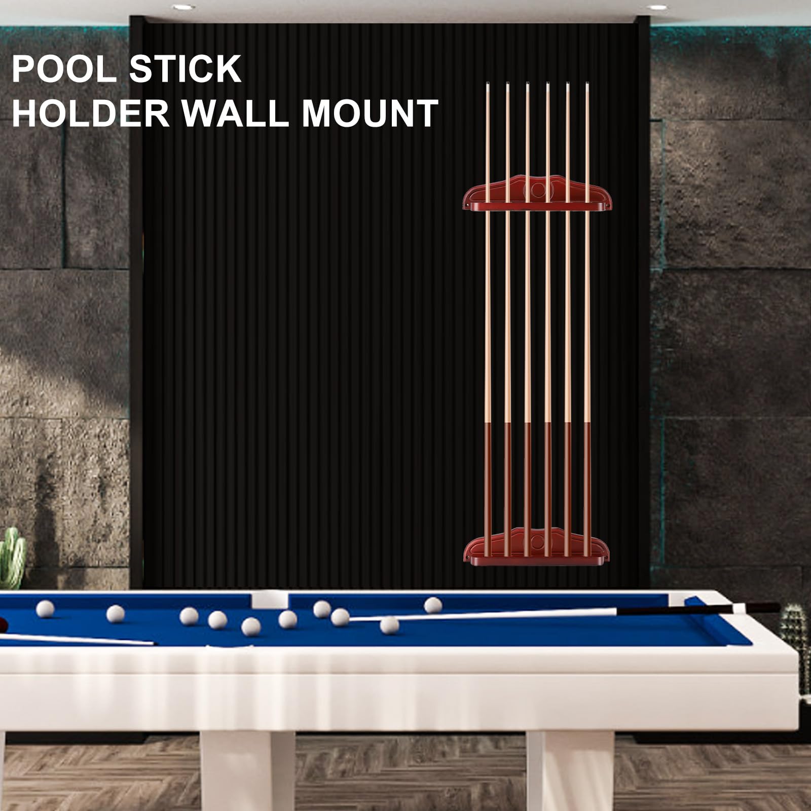 VINGVO Pool Cue Rack Stick Holder, 6 Hole Solid Wood Wall Mounted Billiards Pool Cue Rack, Pool Table Accessories Equipment Organizer