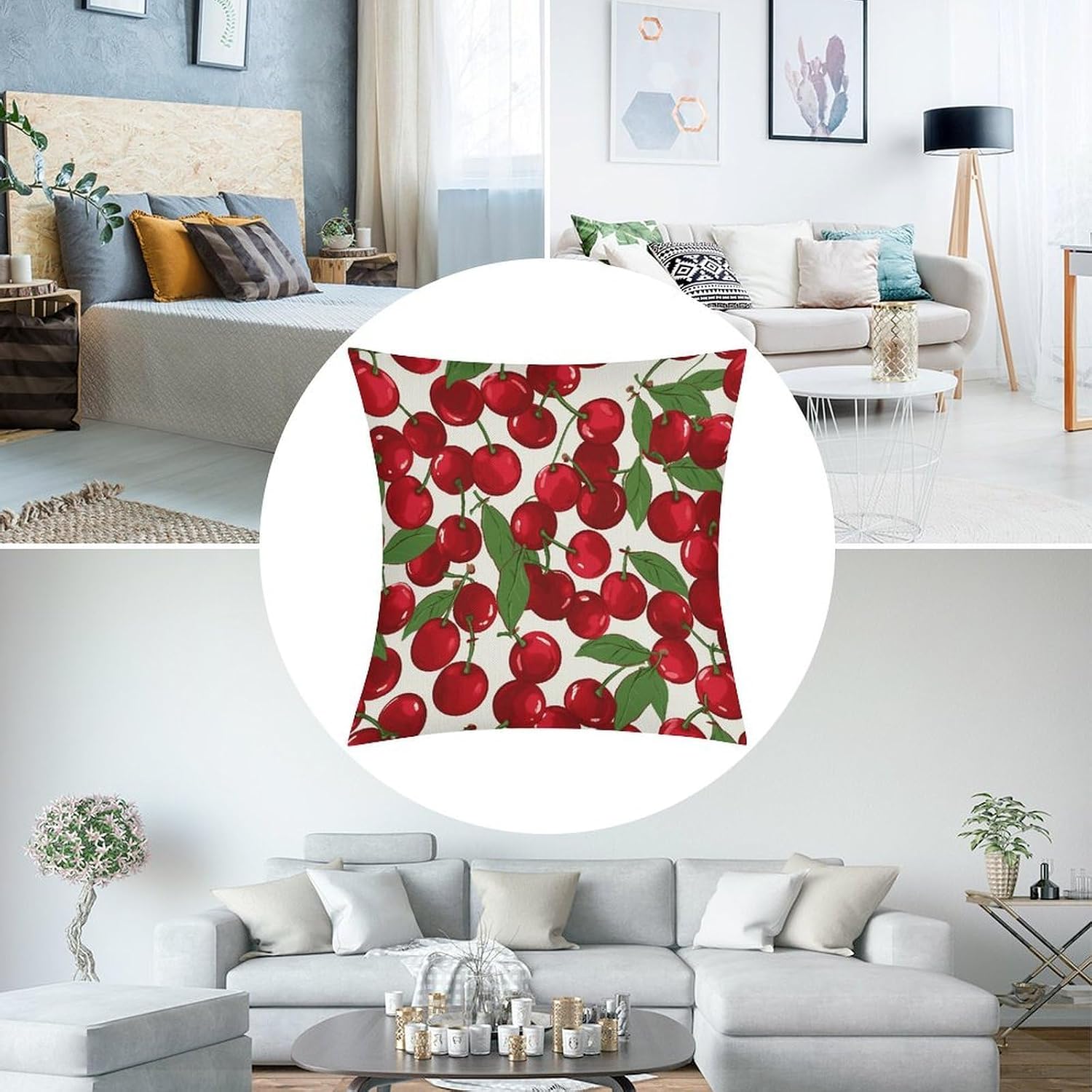 Red Cherries Pillow Protectors Cute Waterproof Pillow Cover Soft Skin-Friendly Cushion Case Decorative Square Cushion Cover for Couch Sofa Bed Living Room Bedroom
