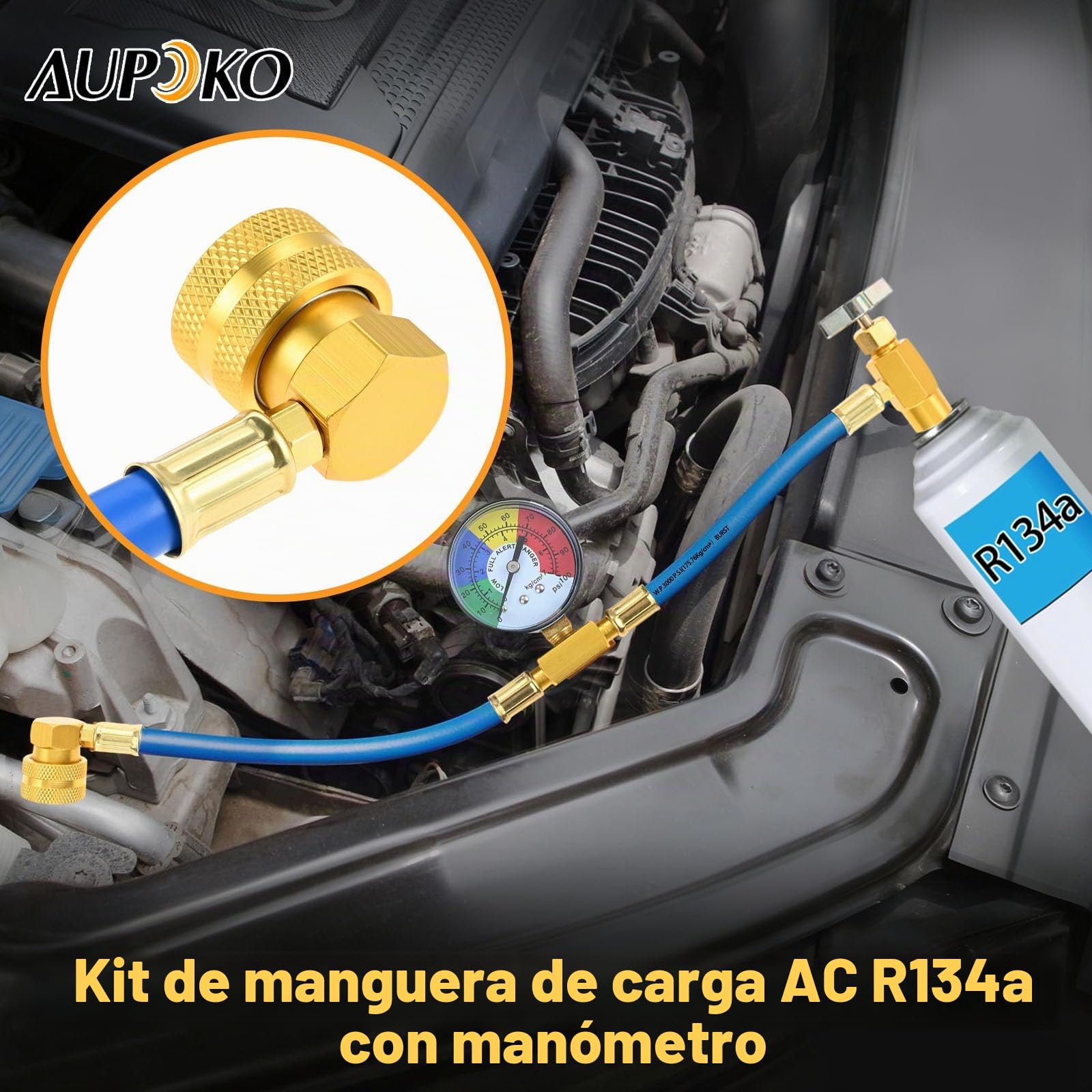 Aupoko R134A - Kit de manguera de carga de refrigerante de CA, lata de válvula autosellante de 1/2 pulgada y manguera de recarga con manómetro, se adapta a refrigerante de aire acondicionado de coche