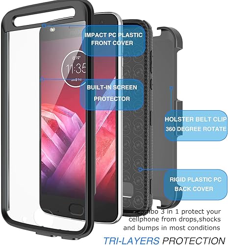 Miniatura 6 de Tekcoo Funda con clip para Moto Z2 ForceMotorola Moto Z2 Play, Tshell absorción de golpes pantalla integrada Cinturón de bloqueo giratorio seguro