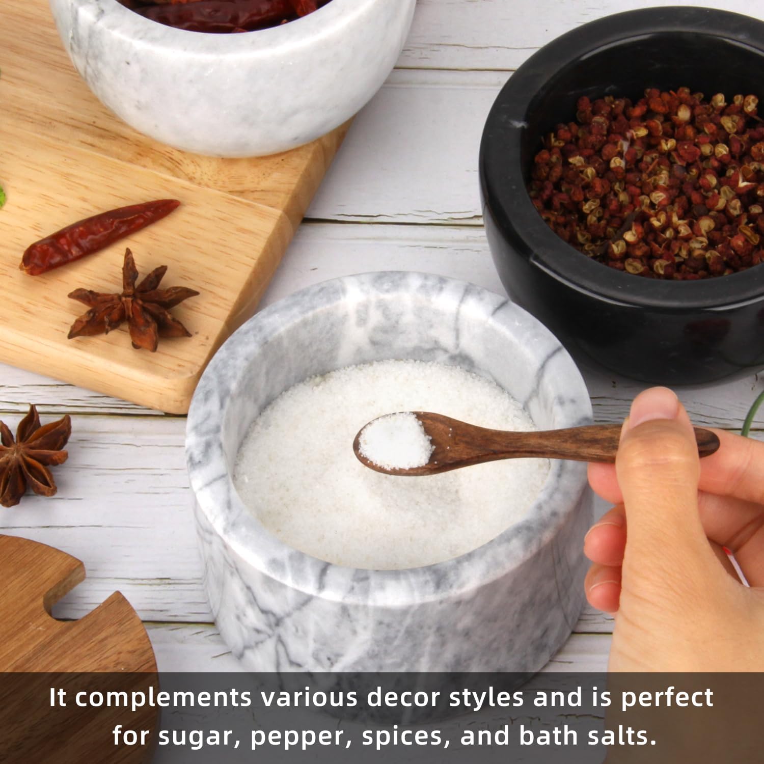 Marble Salt Cellar Box with Wood Lid & Spoon, Modern White Stone Salt or Pepper Sugar Spice Seasoning Bowl Container Jar Holder Well Keeper Dish Pig Crock for Kitchen (Light Grey Bowl)
