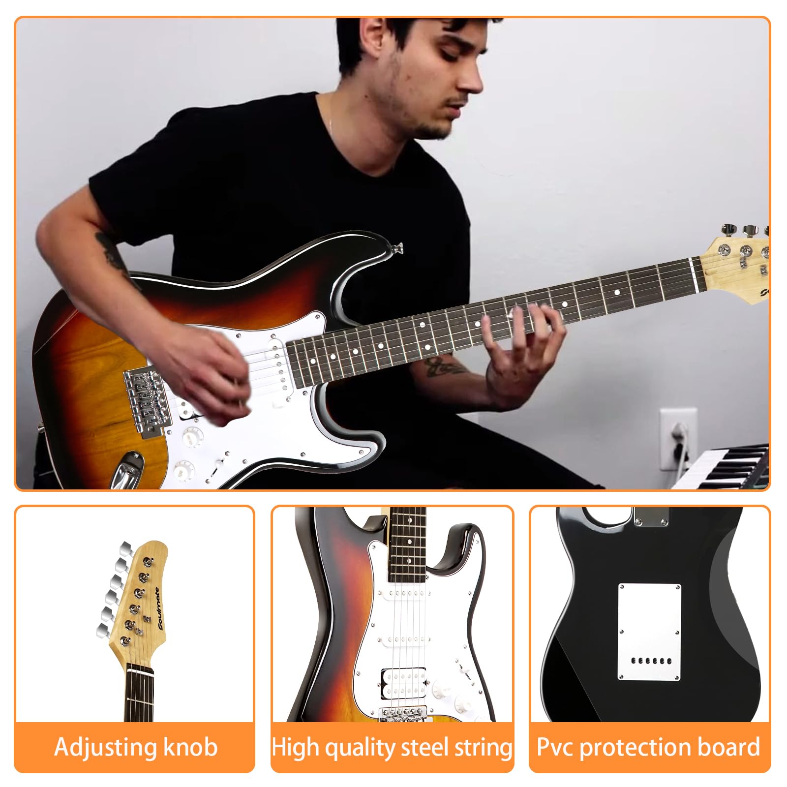 Soulmate E-Gitarren-Set für Anfänger, 99,1 cm, HSS-Tonabnehmer, solider Körper, volle Größe, E-Gitarre für Starter mit Verstärker, Tasche, Kapodaster, Gurt, Saite, Kabel, Plektren (Sunburst)