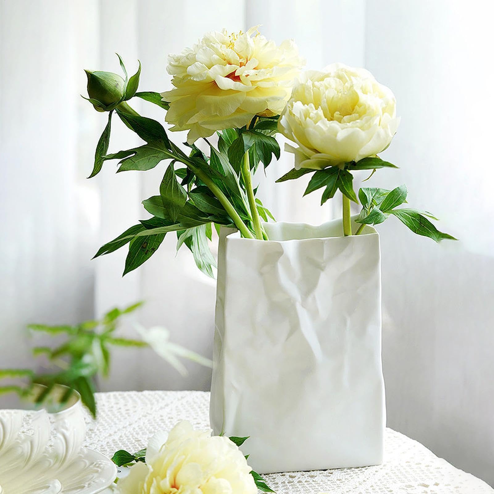 Crinkle Paper Bag Flower Vaas - Lichte Luxe Ongeglazuurde Witte Vaas Voor Bloemschikkers, Crinkle Paper Bag Keramische Pot Voor Woonkamer, Slaapkamer, Keuken