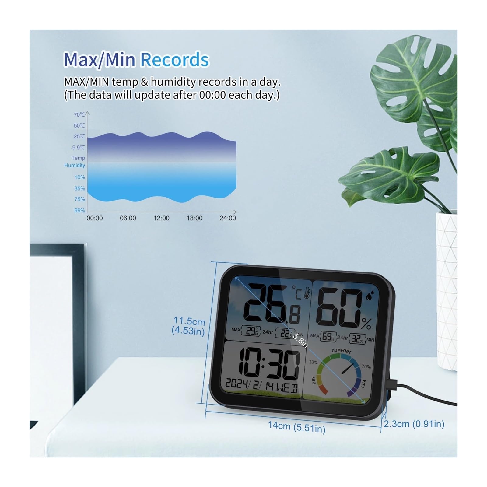 Miernik temperatury i wilgotności LCD ze wskaźnikiem temperatury, ładowaniem przez USB, funkcją daty/zegara, termometrem wewnętrznym, stacją pogodową Prognoza pogody