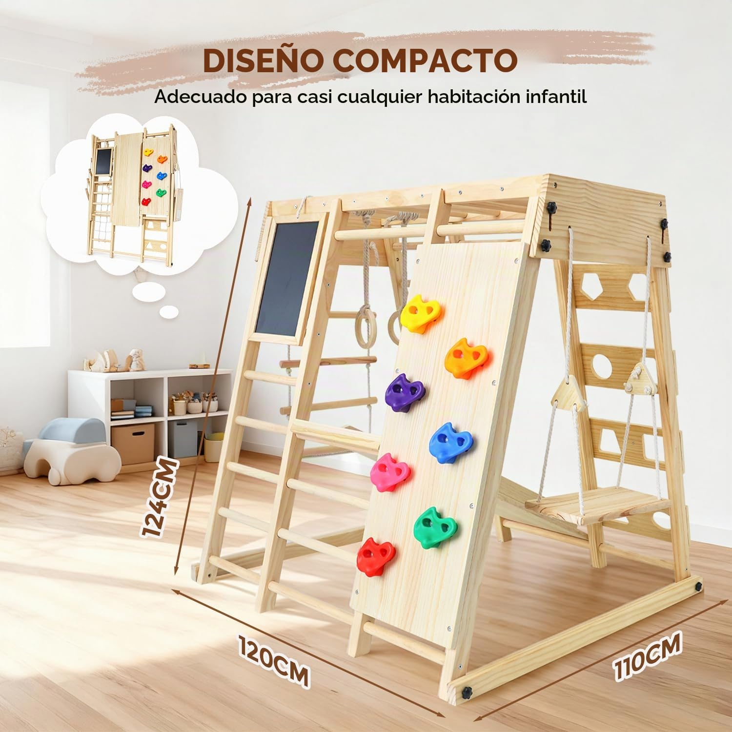 Maxi Estructura de Escalada de interior, 10 en 1 Montessori Estructura de Escalada Plegable para Niños, Multifuncional Parque infantil cubierto con Pizarra columpio monopatín & Red de escalada