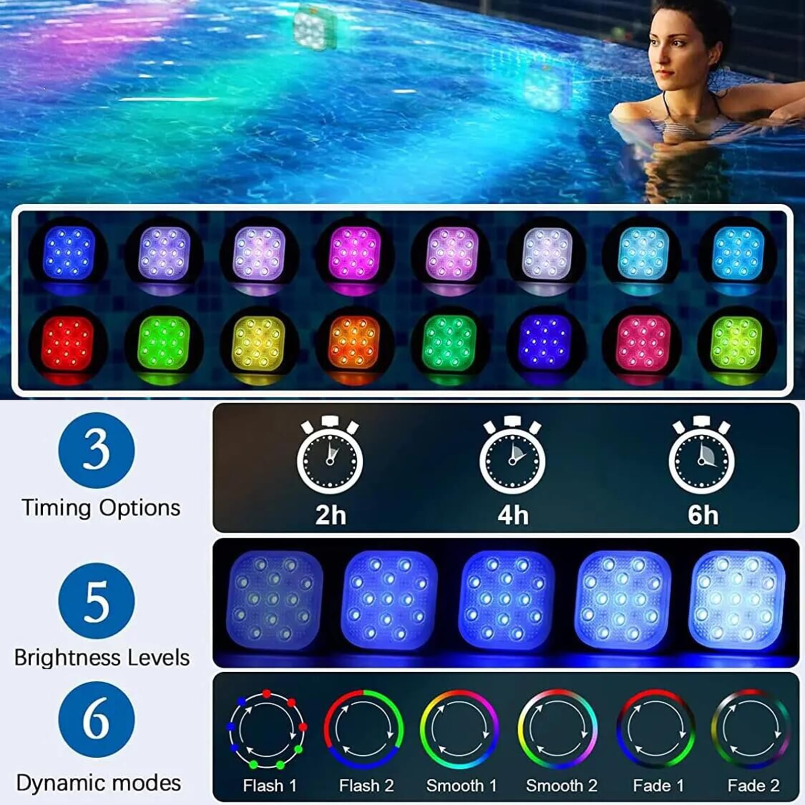 plplaaoo Piscina a LED di Ricarica Colore IP68 Light Dimmeble Fountain Light Waterproof TOB Light con Telecomando 16 Colori Light 6 modalità dinamica 2H/4H/6H Timer Carica Magnetica