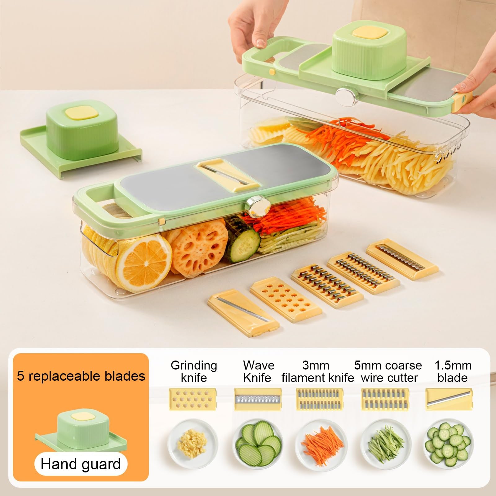Picadora de Verduras con 5 Cuchillas Reemplazables, Protector de Manos de Seguridad, Rallador de Cebolla y Patata de Cocina con Recipiente(Beige,Small)