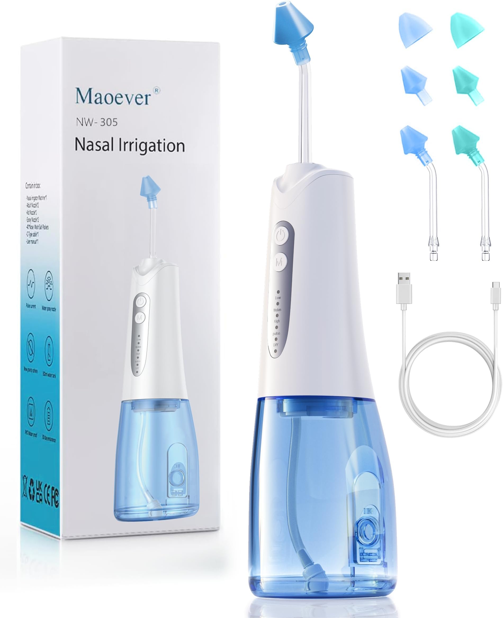Nasal Irrigation System, Sinus Relief and Nasal Care Device, Electric Neti Pot with 6 Tips.