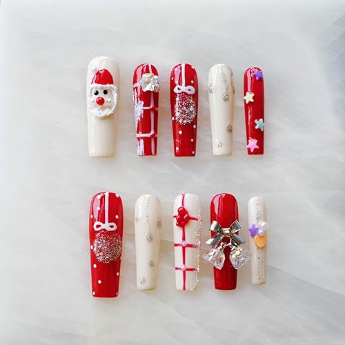 GLORS Christmas Press-On Nails, Long Coffin Shape, Red and White