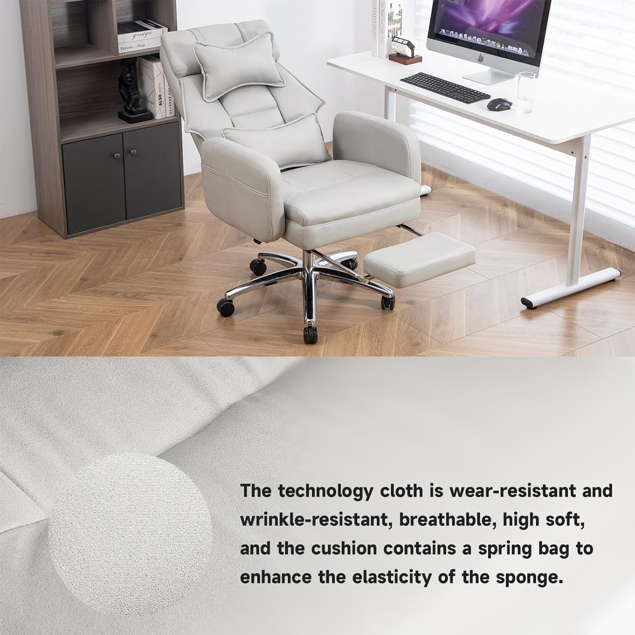 Executive Office Chair, Big and Tall Ergonomic Desk Chairs with Headrest & Footrest, Adjustable High-Back Recliner, Swivel Computer Chair w/Side Pockets, Lumbar Support for Home Office (Light Grey)