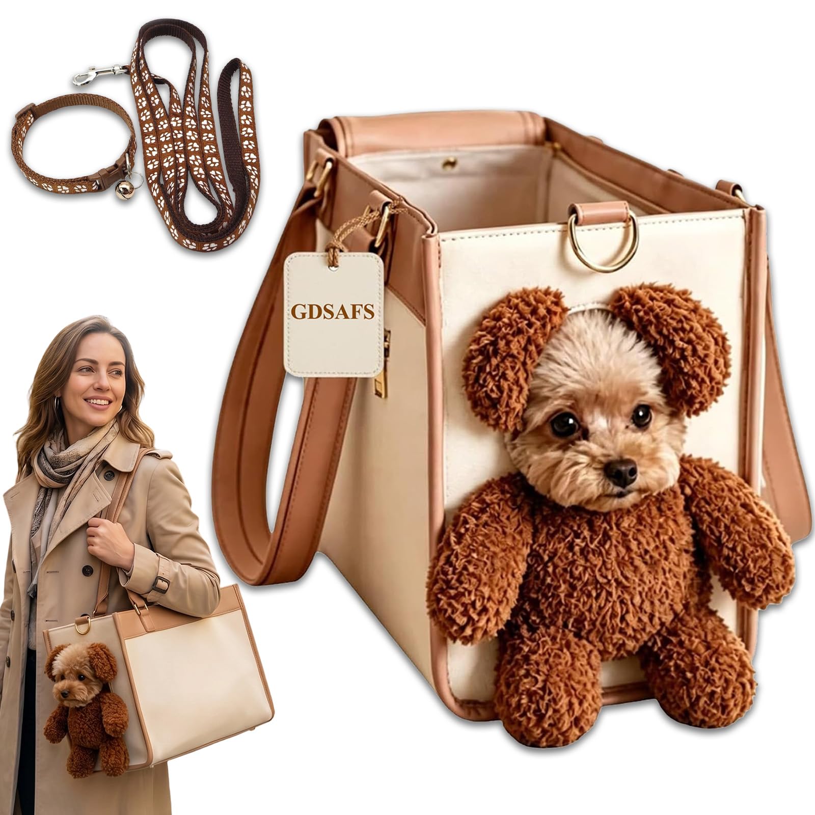 Teddy Bear Dog Carrier Bag - 2-in-1 Stylish Dog Purse Carrier for Small Dogs, Puppy Sling Carrier with Breathable Hole & Padded Base, Portable Tote Bag for Yorkie Poodle Chihuahua Daily Outings (M)