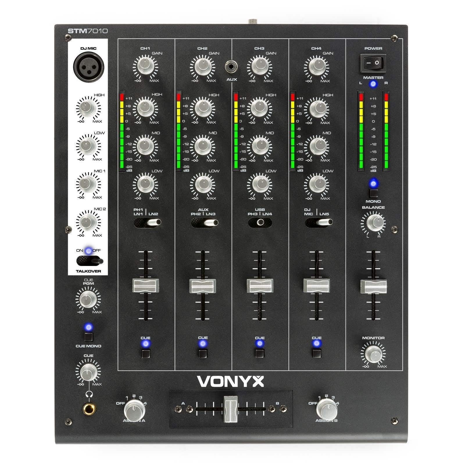 Vonyx STM-7010 - Mezclador de DJ 4 canales con entrada USB, mesa de mezclas, mezclador de DJ, entradas MIC, DMX, crossfader, medidor VU, mezclador de audio, mezclador de 4 canales