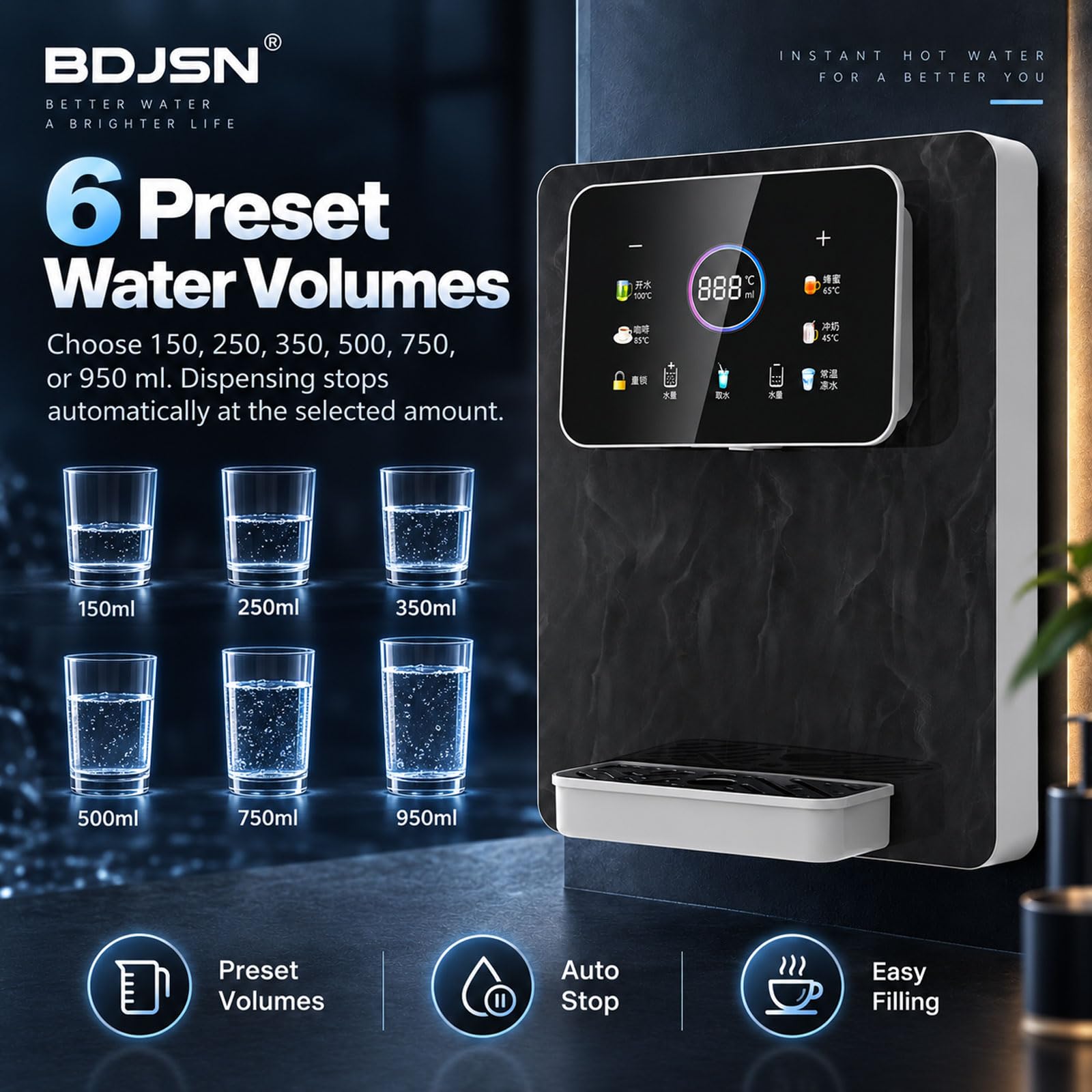 Dispensador De Agua Caliente Instantánea De Pared, Pantalla Táctil, 6 Volúmenes Preestablecidos, 5 Temperaturas, Bloqueo Infantil, Calentamiento Aprox. 3 S, 220v 50hz