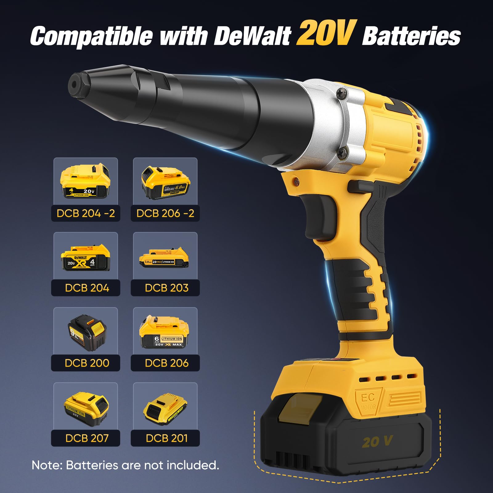 Rivettatrice a batteria con motore brushless, compatibile con batterie da 20 V, con luce da lavoro a LED e 3 ugelli per fai da te e costruzione