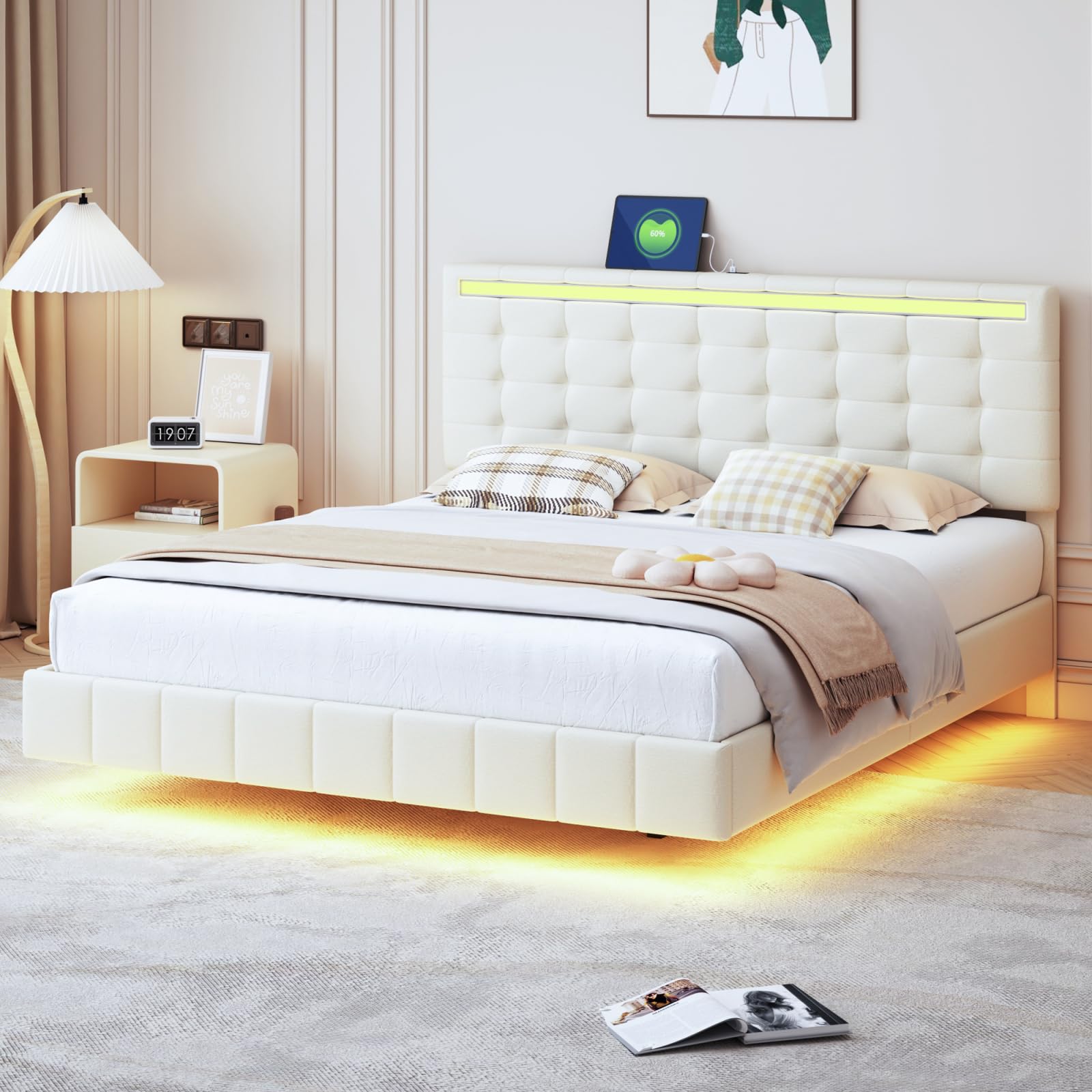 PerGar Cama tapizada 160x200 cm, Marco de Cama somier Flotante Acolchado con Luces diseño de cabecero, hidráulico con Espacio de almacenaje, Multifunción con Toma USB y luz LED, Lino (Beige, 160x200)