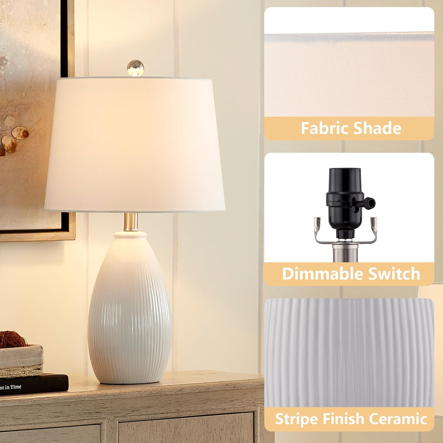 Maxax 22" Ceramic Table Lamps Set of 2, 3 Way Dimmable White Ceramic Bedside Nightstand Lamps with White Shade for Bedroom, Living Room, Office