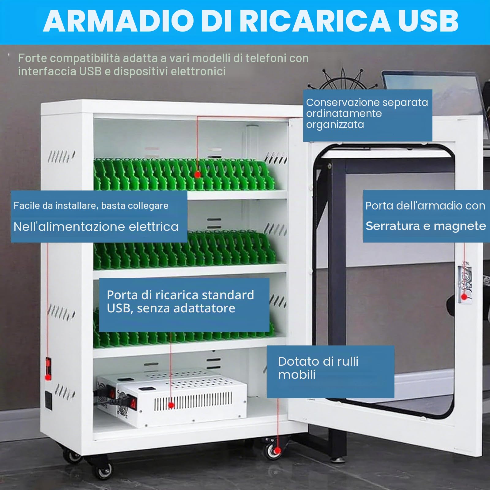 Stazione di Ricarica per Telefono | Armadietto di Ricarica per Telefono da 12/20/30/40/50/60 Slot,Stazione di Ricarica USB,Slot Suddivisi Singolarment 12slots
