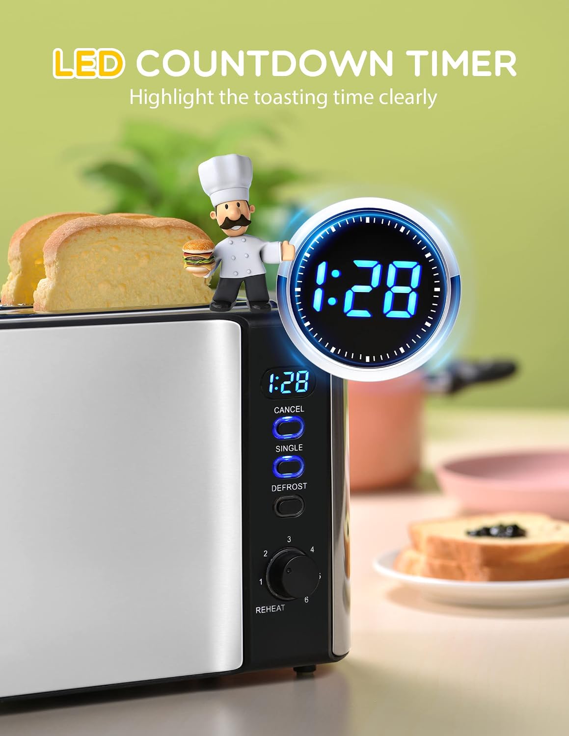 Toaster 4 Slice with LED Display, 10‘’ Long Slot Toaster 2 Slice, Extra-Wide Stainless Steel Toasters, 4 Slice Toaster, Warming Rack & 6 Shade Settings, Defrost/Reheat/Cancel,