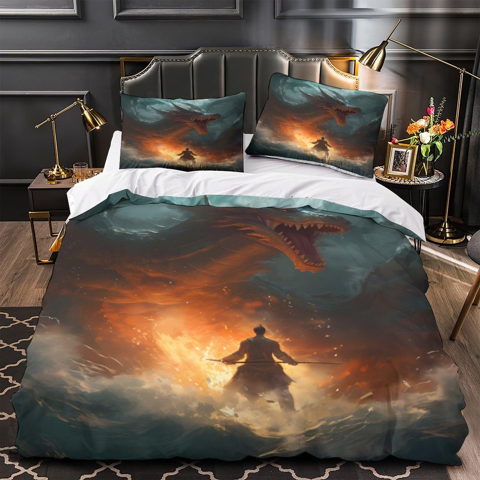 Housse de couette dragon 3D parure lit microfibre super king