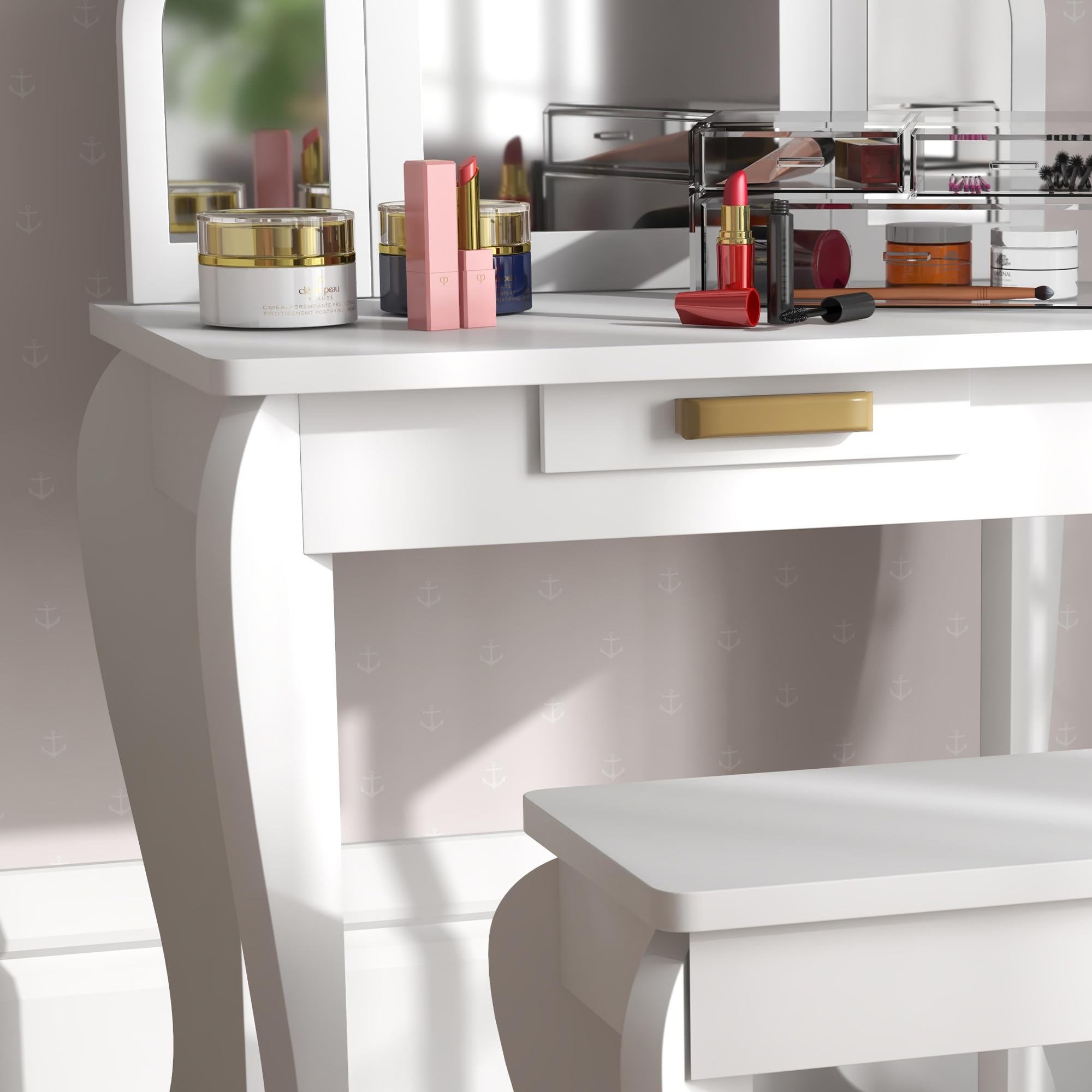 HOMCOM Tocador Infantil con Taburete y Espejo, Tocador para Niñas con Cajón, Mesa de Maquillaje para Niños y Niñas de 3-6 Años, Blanco