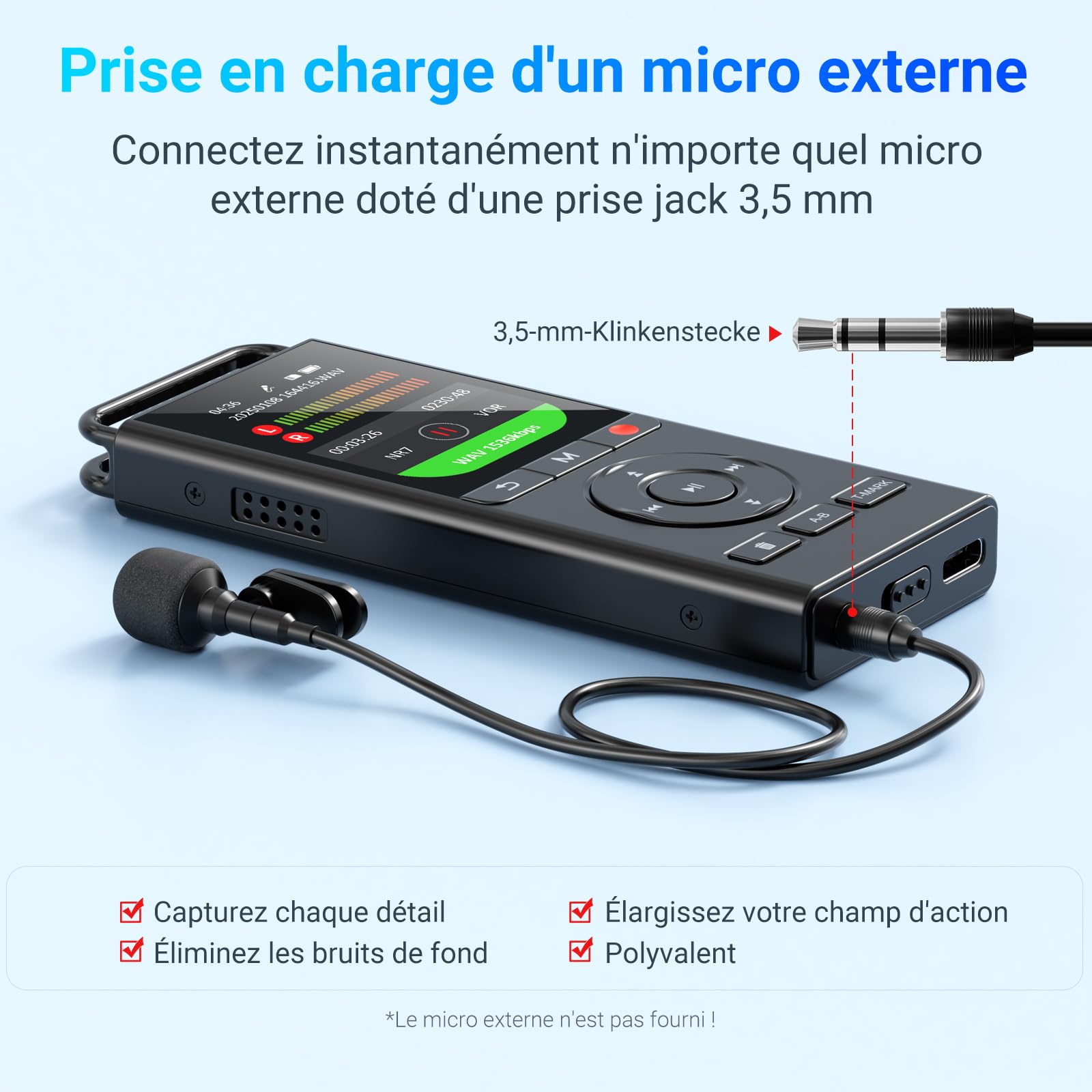 MECHEN Dictaphone Enregistreur Vocal Numérique 144 Go, Audio HD 3072 Kbps