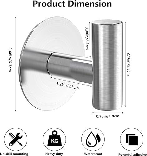 Miniatura 7 de Ganchos autoadhesivos resistentes para toallas, toallas de acero inoxidable para bolsos, toallas, batas, sombreros, delantales, sin taladro, para