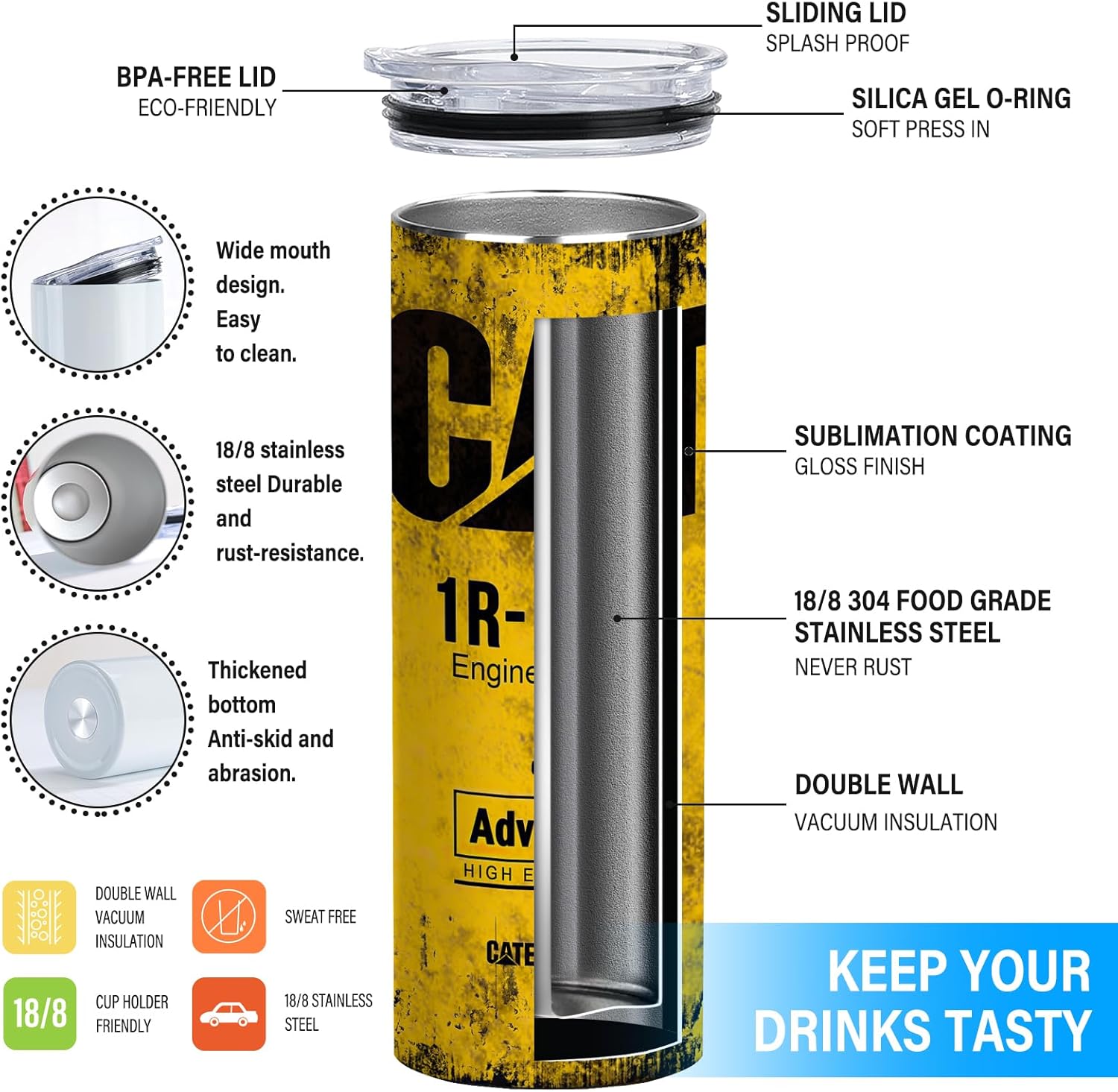 ATHAND Funny Tumbler Gifts for Men - Alfaro Yellow CAT 1R 1807 Engine Oil Filter Skinny Tumbler with Lid, Stainless Steel Double Wall Cup, Insulated Travel Coffee Mug (Pack of 1) - Image 4