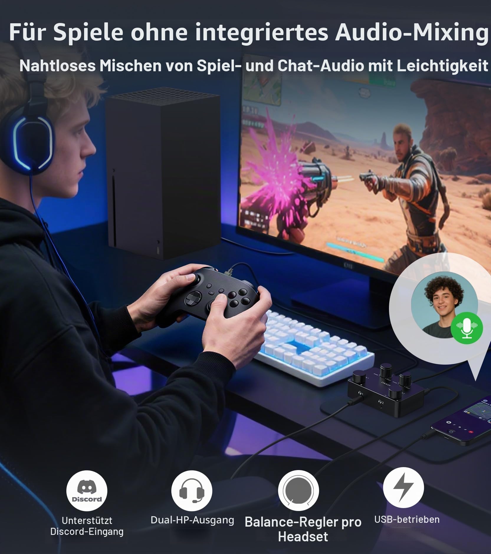 Cubilux AM-J5 Game Chat Mischpult, 2 Eingänge 2 Ausgänge, Mix Amp mit Game und Voice Balance, für Xbox, Switch, PC, PS5, PS4, Discord
