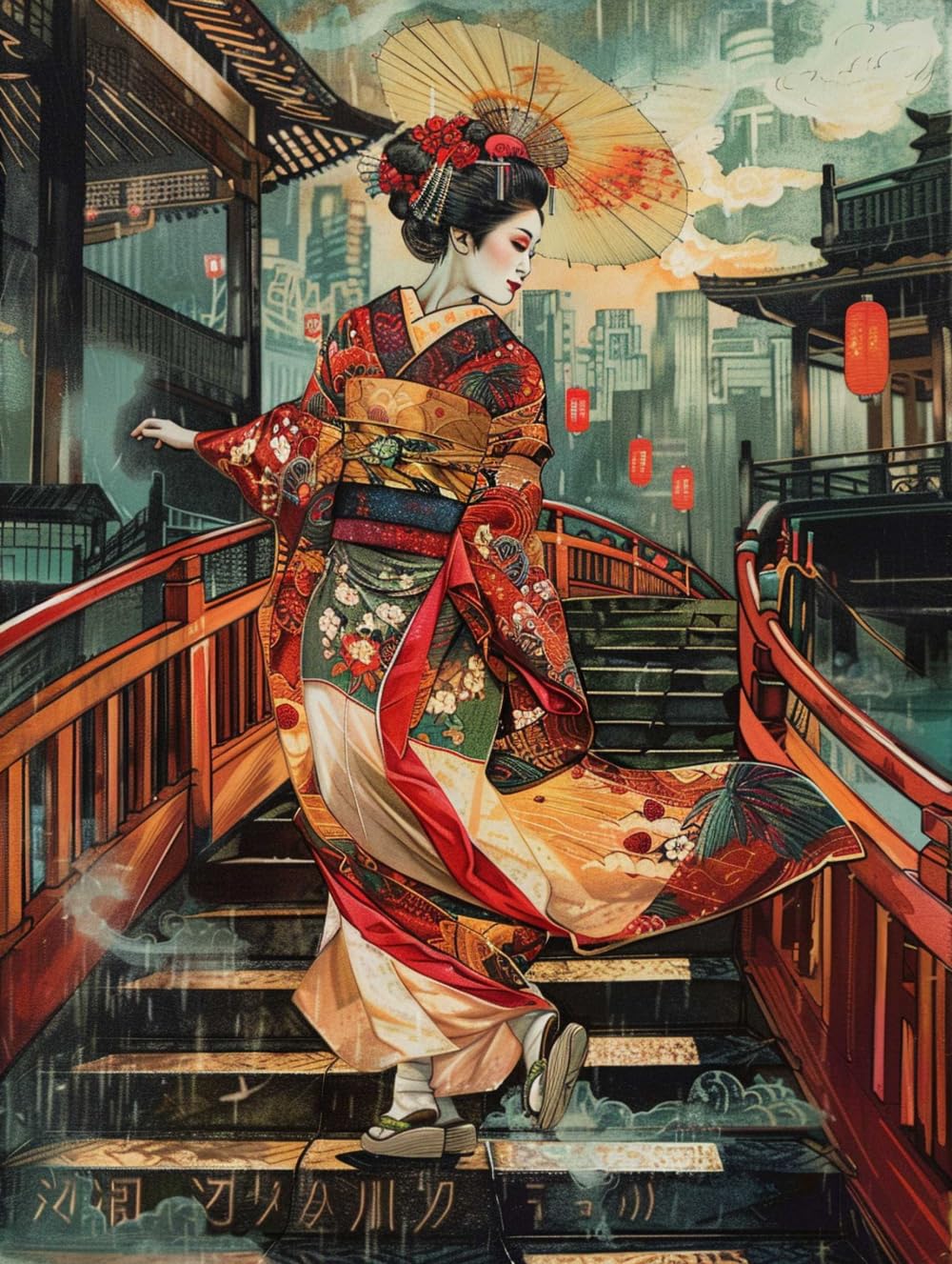 RKFLGEW Kit De Bordado Diy，Geisha De Fantasía Y Paisaje，Kit De Bordado De Cuentas，Kits De Bordado，Juego De Punto De Cruz Fácil Para Adultos Y Principiantes 40x50cm