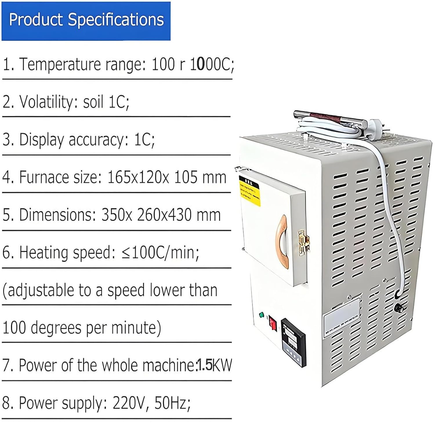 1500 W elektrischer Labor-Muffelofen, wissenschaftlicher Labor-Muffelofen, 100–1000 °C Hochtemperatur-Elektroherde for geschlossene Labore mit integrierter Programmsteuerung for präzises Heizen