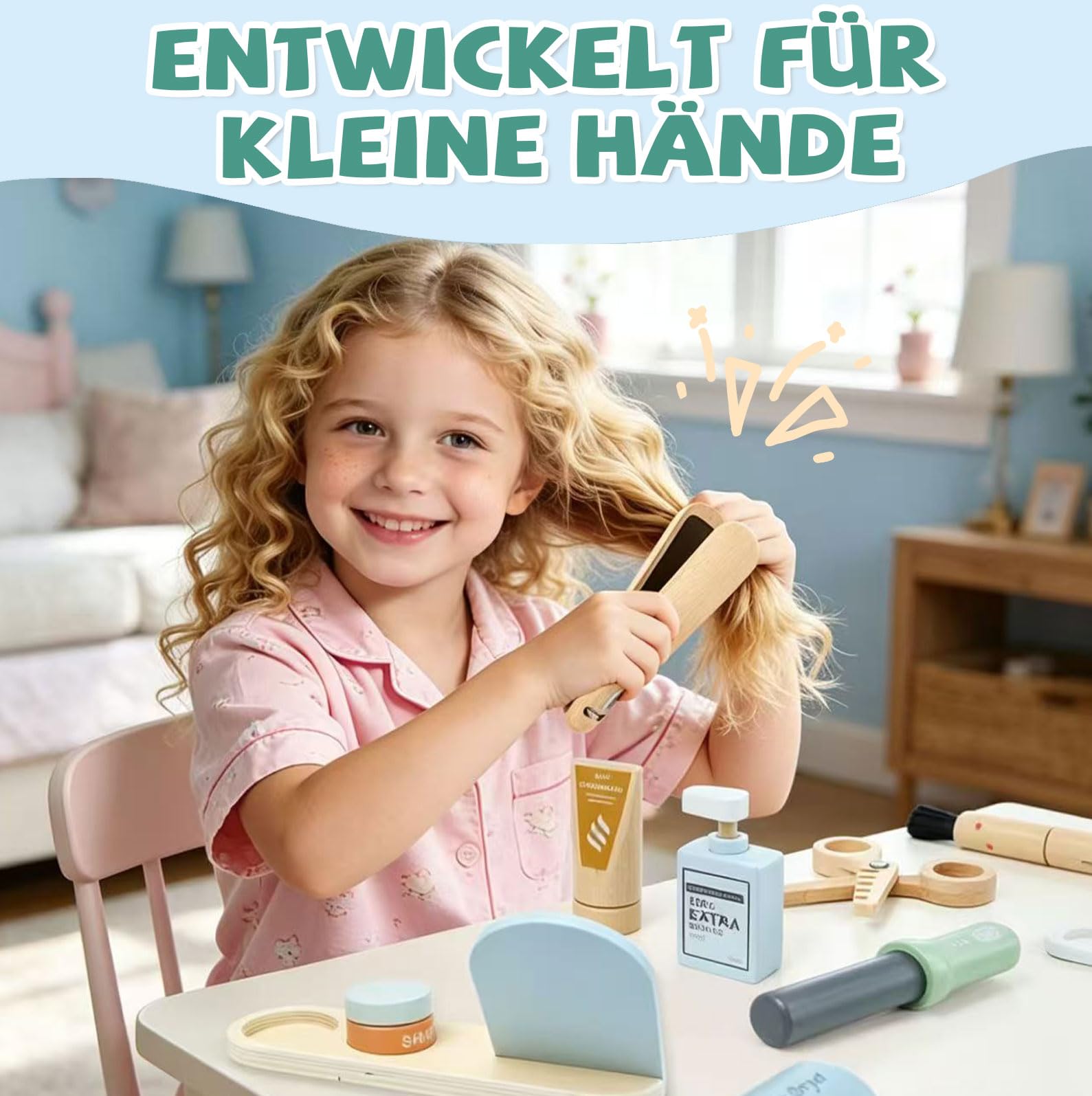 Holz Friseurkoffer Set für Mädchen – Kinder Spielzeug Geschenk Friseur Werkzeugkoffer mit Glätteisen Kamm Spiegel und Styling-Zubehör Beauty Make-up-Spielzeug Friseur Rollenspiel für Kinder