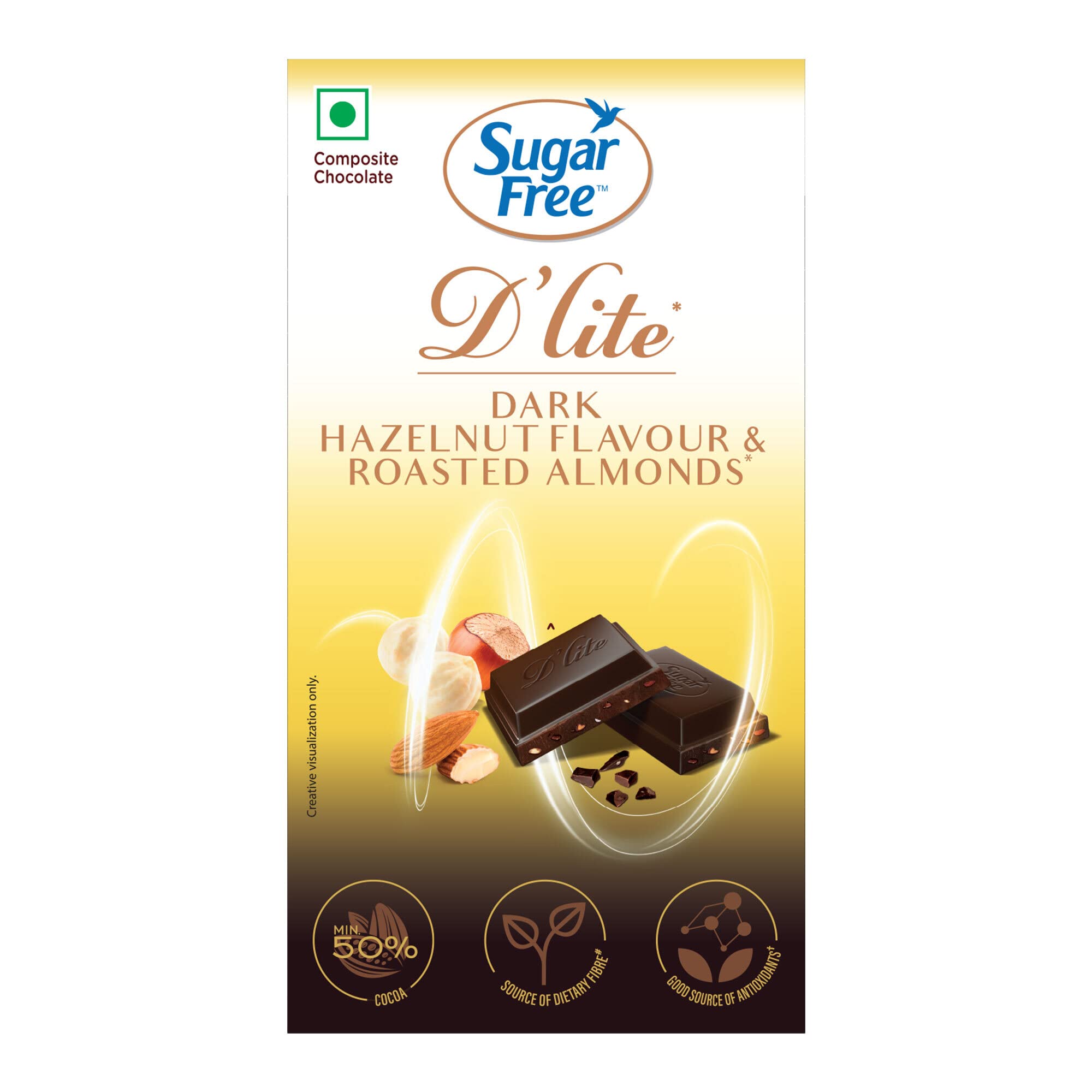 Sugar Free D'lite Dark Chocolate | Hazlenut & Almonds Dark Chocolate Bar | Pack Of1 (40 Gram) | No Added Sugar | Keto Friendly & Vegan | Gluten Free | Guilt Free Extreme Delight With 50% Cocoa