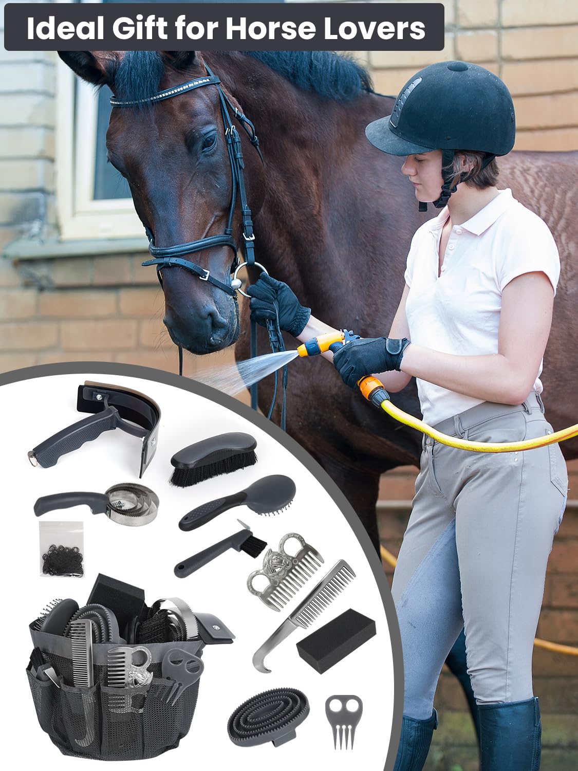 Pferdepflegeset, 12-teiliges Set – komplettes Pferdebürsten & Pflegebedarf-Set mit Organizer-Tragetasche, Pferdefellpflege-Werkzeug, Ausrüstung und Geschenke für Pferdebesitzer und -liebhaber