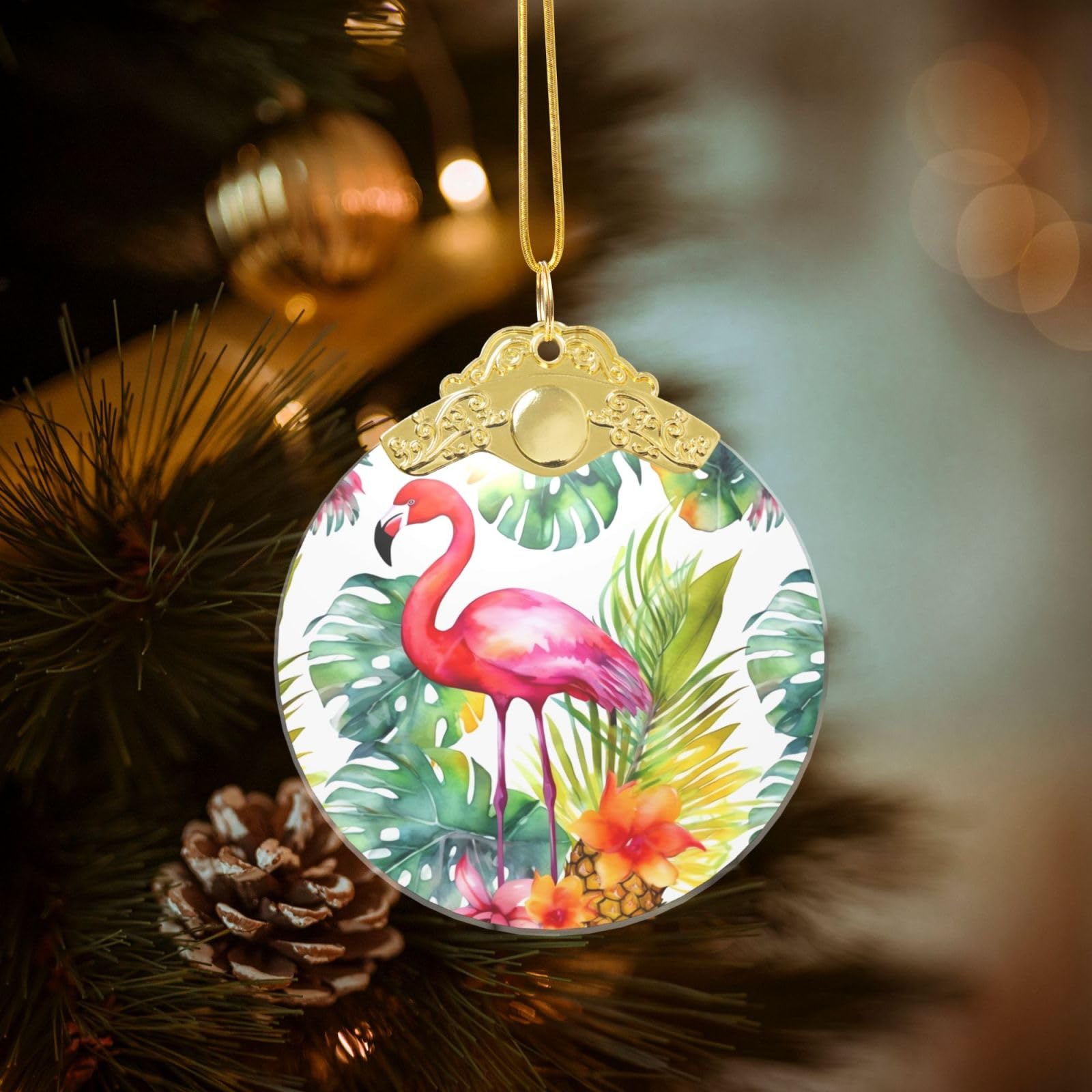Crystal Christmas Ornaments for Christmas Tree Decoration Hanging Tropical Flamingo Ornament with Gold Ribbon Crafts Round Pendant for Keepsake Gifts Glass Xmas Decor Party Supplies