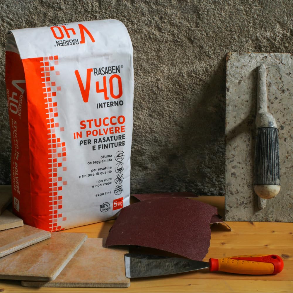 RASABEN - Stucco in Polvere V40 Extra Fine a Base di Gesso per Rasature e Finiture, Ottima Carteggiabilità, Non Ritira o Crepa, per Muri Interni e Cartongesso, Made in Italy, Sacco da 20kg