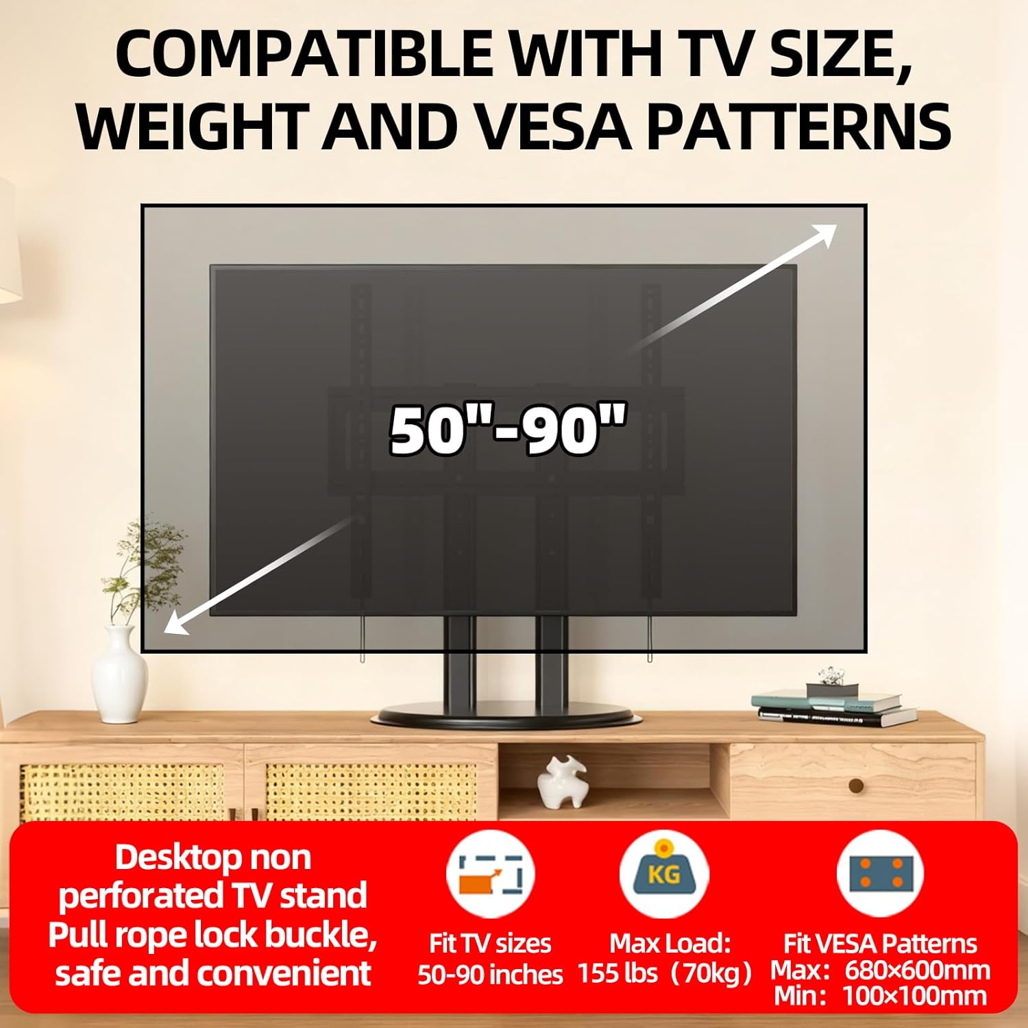 Table Top TV Stand with Heavy-Duty Metal Base,Universal TV Stand for 50-90 inch TVs,Height Adjustable TV Mount Stand,No Drill Installation, Max VESA 680x600mm, Holds up to 155lbs,XL-DZ750