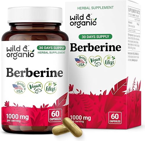 Wild & Organic Cápsulas de suplemento de berberina de 1000 mg – Antioxidante y apoyo general – Polvo puro de berberina HCL – Corteza de Berberis