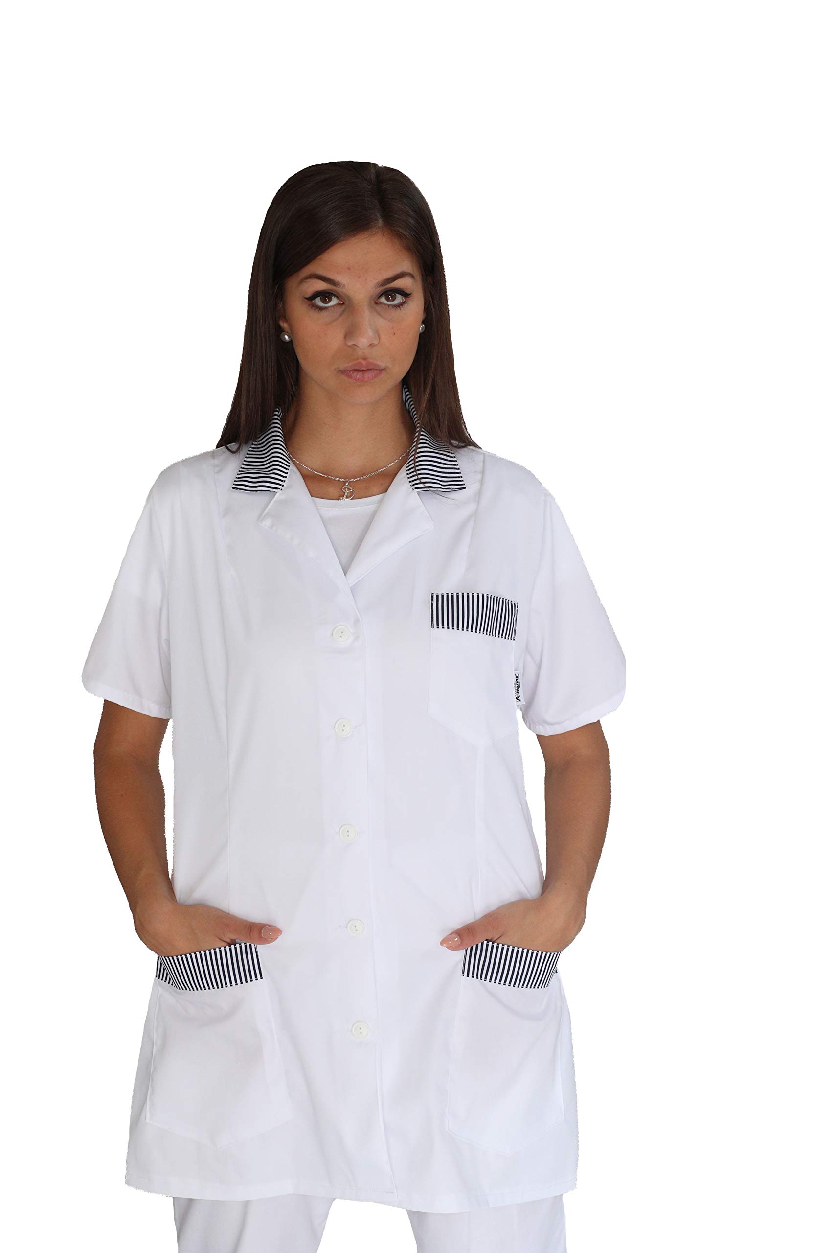 Ricamo Gratuito - Camice da Lavoro Donna - Bianco, Righe Nere - Divisa per Maestra, Imprese di Pulizia, Parrucchiera, Estetista, Scuola Infanzia - Casacca Personalizzata